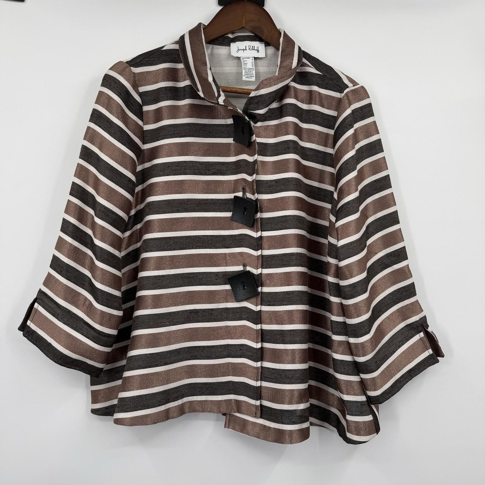 Joseph Ribkoff Jacket Womens 8 Brown Striped Woven Lined Collared Shiney